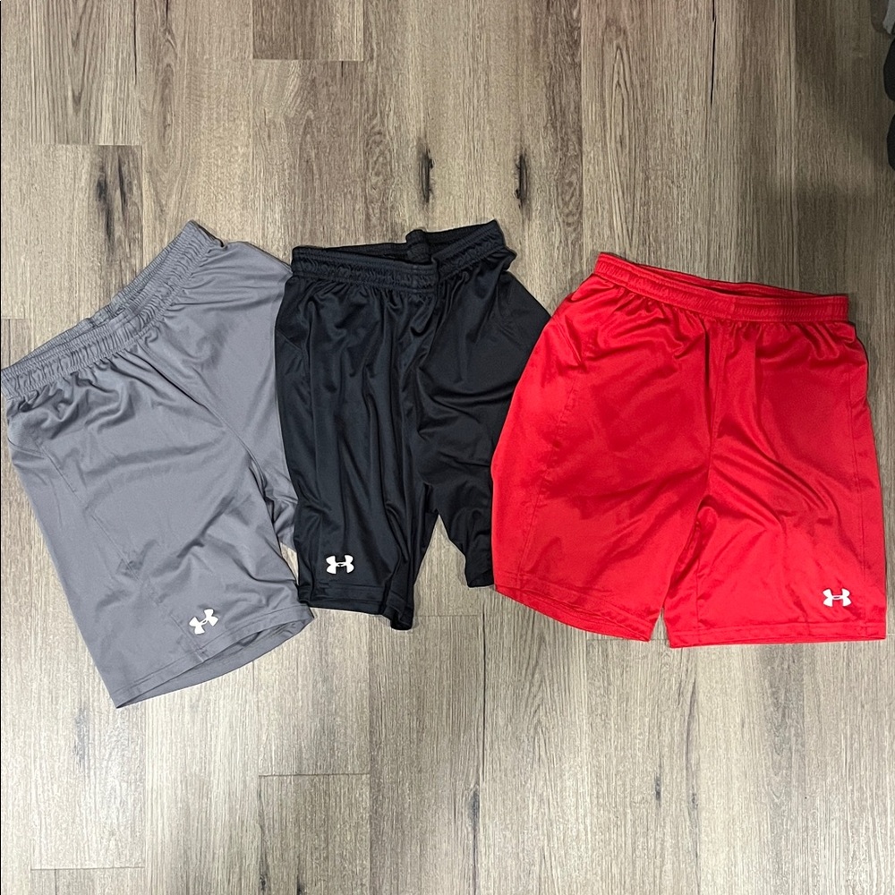 Lot of 3 Under Armour Men's Athletic Shorts - Gray, Black, Red